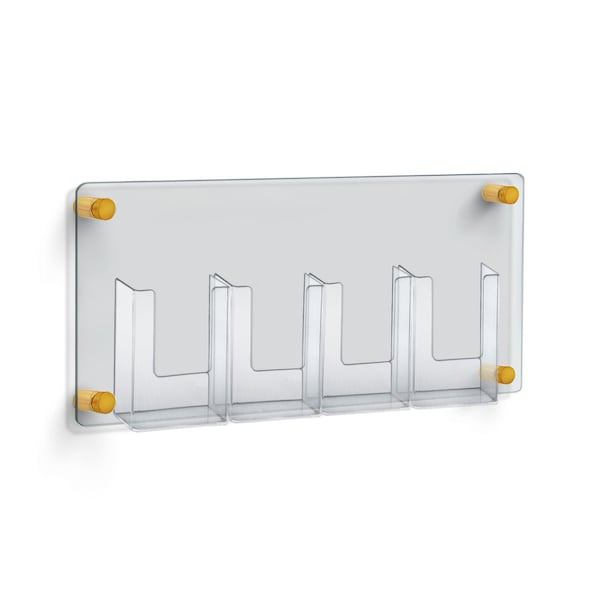 Four-Pocket Trifold Wall Mount Brochure Holder with Gold Stand Off Caps